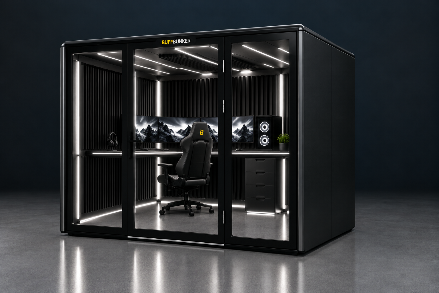 Stealth Black BUFFBUNKER concept enclosure with glass front, black acoustic interior, integrated white lighting and illustrative gaming setup