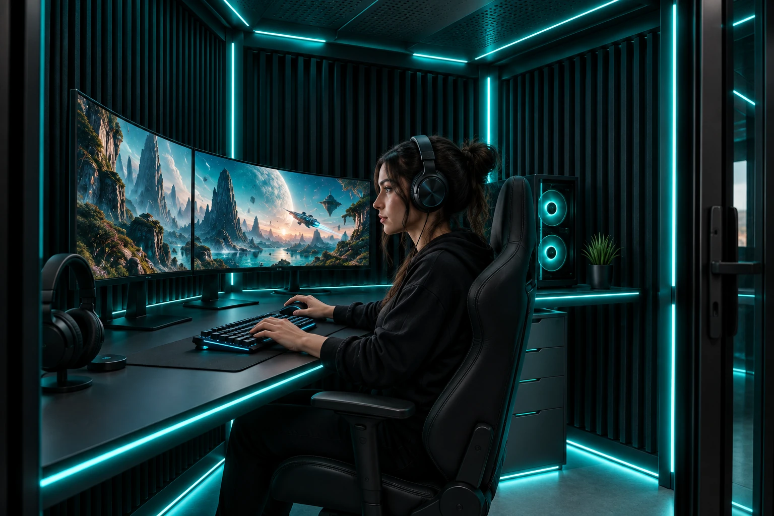 AI-generated lifestyle concept of an adult gamer wearing headphones and using a keyboard and mouse inside a teal-lit BUFFBUNKER-inspired interior