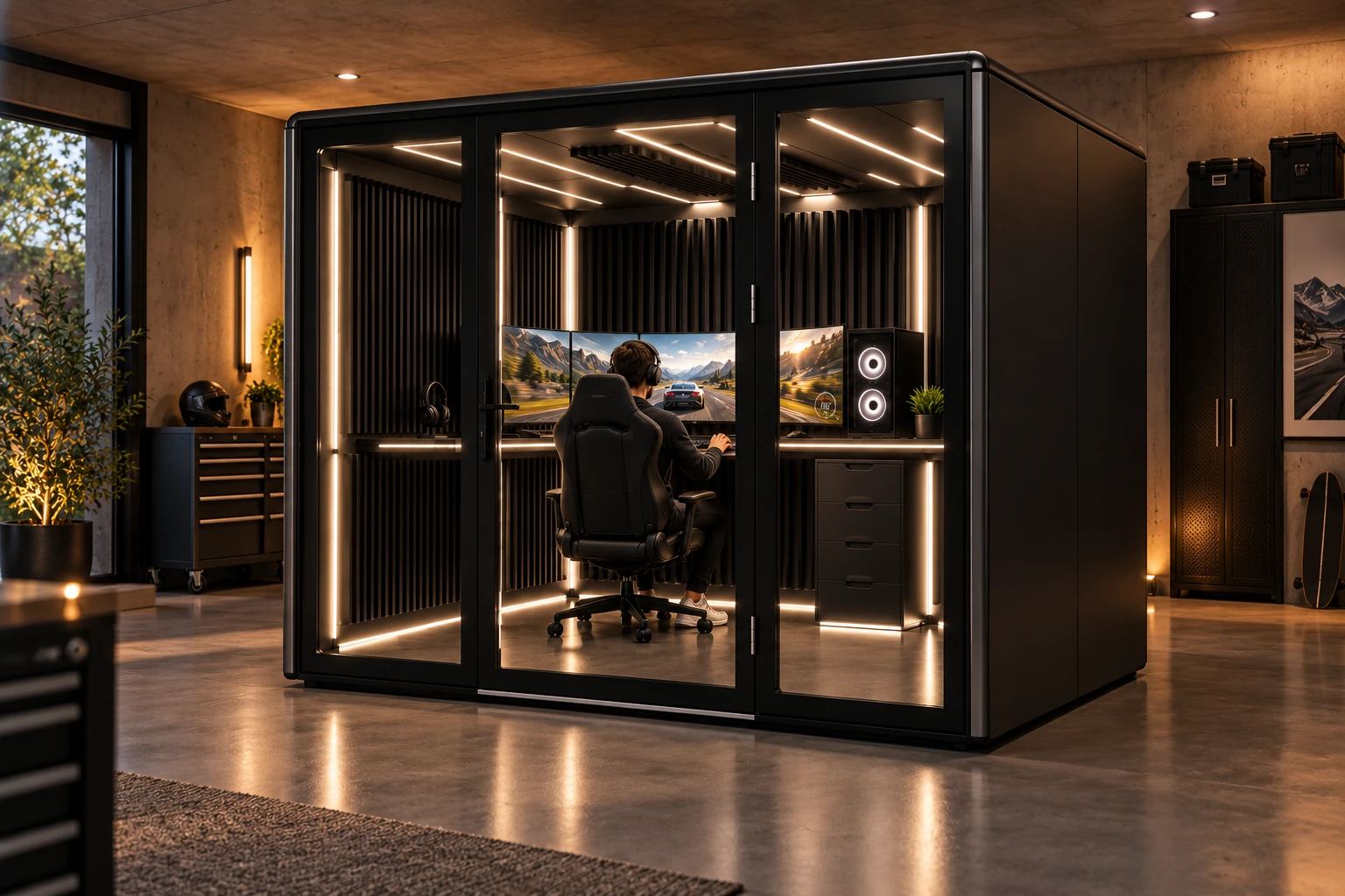 AI-generated lifestyle concept of an adult gamer playing inside a matte-black BUFFBUNKER-inspired enclosure in a finished residential garage