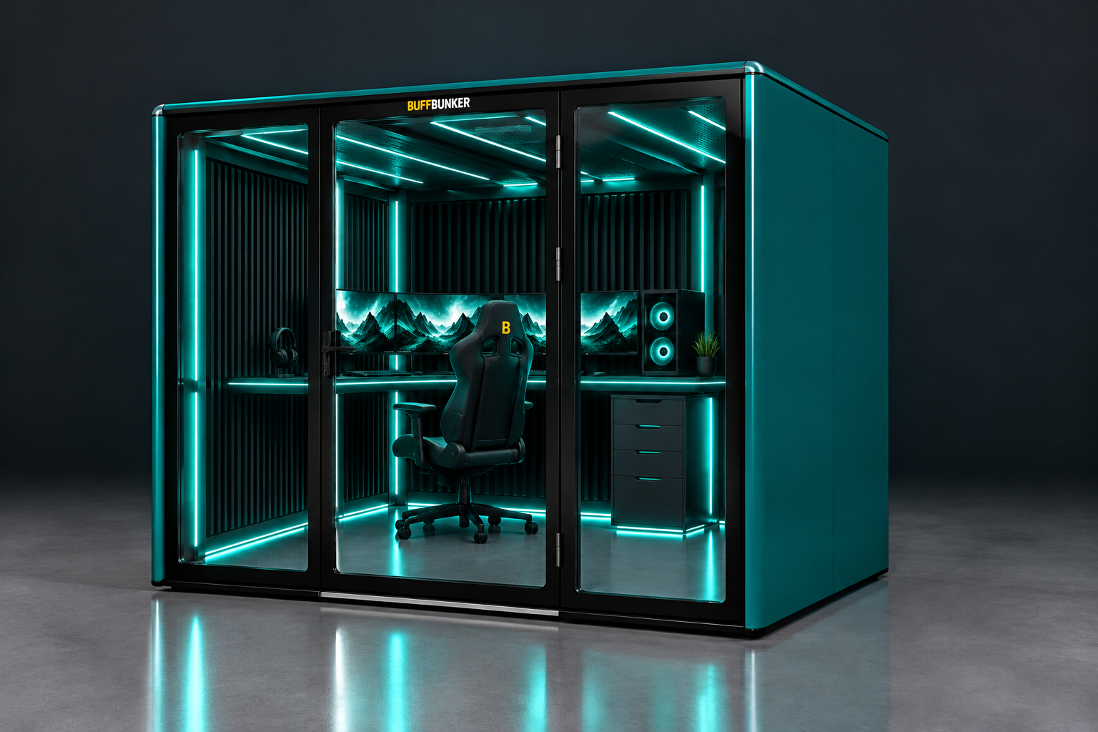 Full Cyber Teal BUFFBUNKER concept render showing proposed integrated RGB ceiling and wall lighting