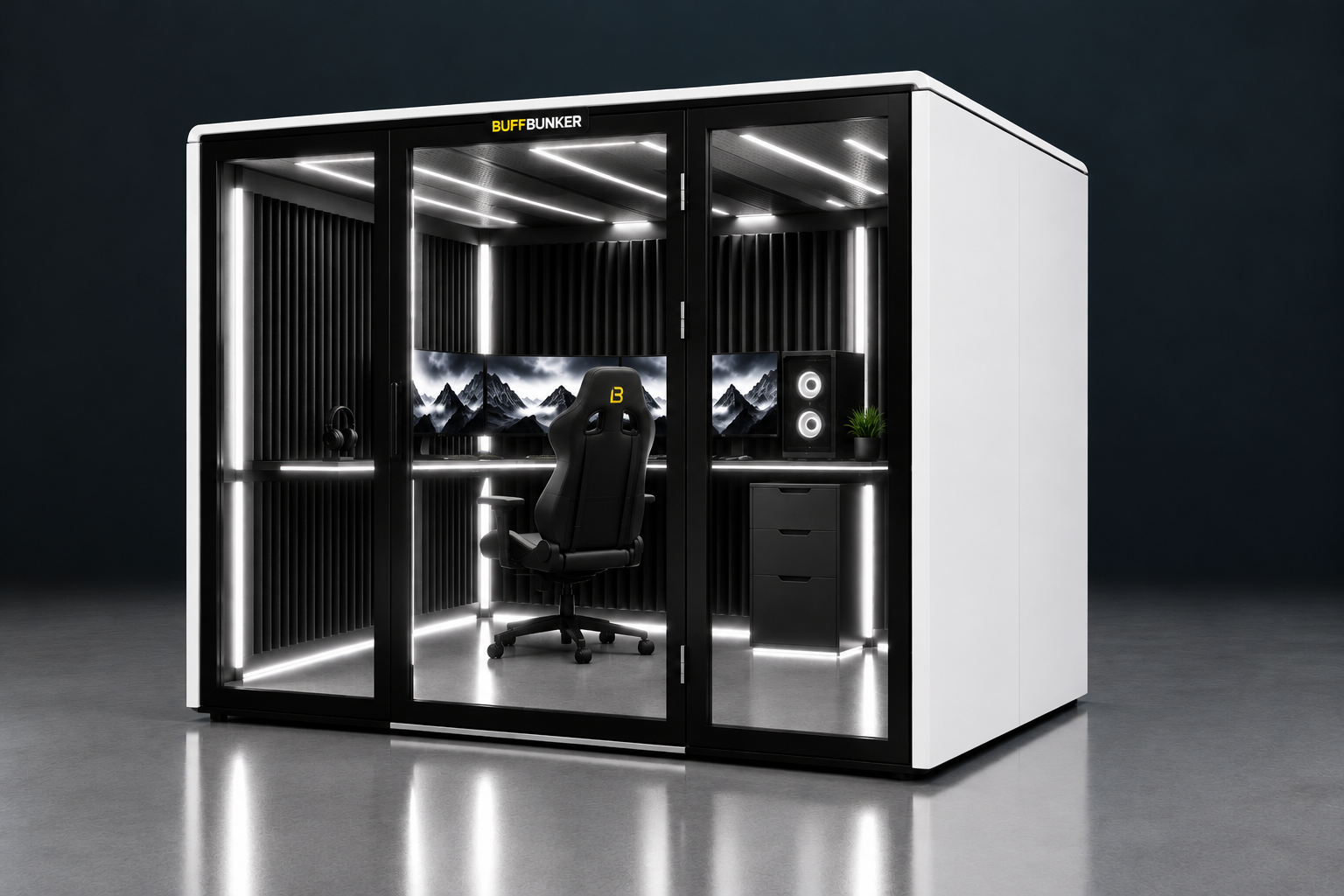 Arctic White BUFFBUNKER full concept render, presented in an illustrative indoor space study